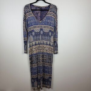 Lucky Brand Midi Dress Women's Small‎ Blue Beige Floral V-Neck Long Sleeve Boho